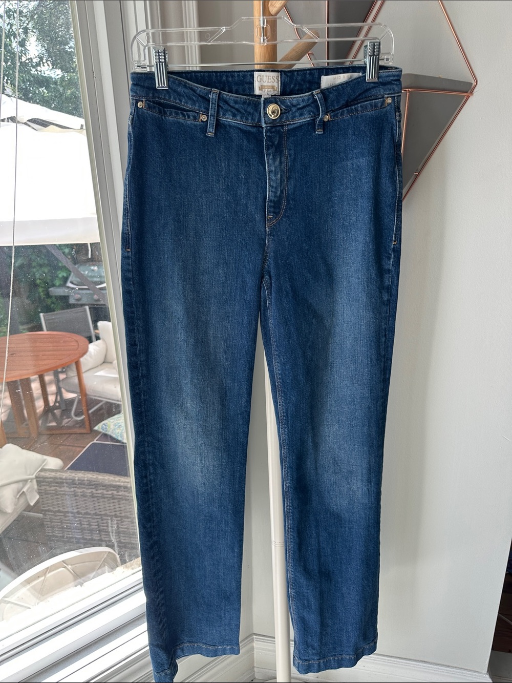 VINTAGE GUESS Y2K Indigo Dark Blue Straight-Leg Jeans Denim Gold Mid Rise Sz 28